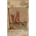Antique Ship Sailboat Nautical Framed Oil On Canvas Painting In Distressed White Wooden Frame