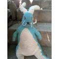 Vintage Beautiful 1950s Hand Knitted Blue White Bunny Toy Good Condition For Its Age