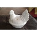 Vintage White Milk Glass Chicken On Nest Egg Sweets Basket Bowl Made In Poland