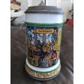 Vintage German Milk Glass The Carpenter Beer Tankard Original Bierseiel With Pewter Lid