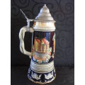 Tall Vintage Thorens Beer Stein, pottery & pewter music box 270 mm high