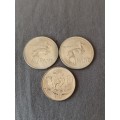 !!! Crazy R1 start !!! Uncirculated South African coins, two one rands and one fifty cents