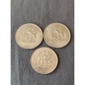 !!! Crazy R1 start !!! Uncirculated South African coins, two one rands and one fifty cents