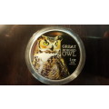 New Zealand mint colorized 1oz .999 fine silver proof coin Birds of Pray, The Great Horned Owl.