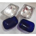 Silver Plated Open Salts with Blue Glass Liners