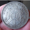 *CRAZY R1 START* France 5 Francs 1867 - Beautiful condition - R253 worth of Silver