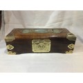STUNNING CHINESE ROSEWOOD JEWELRY BOX WITH JADE AND BRASS