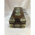 STUNNING CHINESE ROSEWOOD JEWELRY BOX WITH JADE AND BRASS