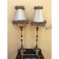 GORGEOUS PAIR TALL FAUX BRASS AND MARBLE LAMPS WITH STUNNING TASSELED SHADES
