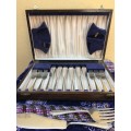 Nickle silver fish eater cutlery set in a mahogany case  - clearly marked