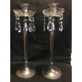 WOW !!!  Stunning pair of chrome candlesticks with cut glass rim with chandelier type drops
