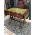 WOW !! ANTIQUE LEATHER INLAID 2 DRAWER MAHOGANY DROPSIDE TABLE ON CASTORS