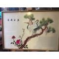 WOW !!!  A BEAUTIFUL VINTAGE  FRAMED CHINESE SILK EMBROIDERY OF RED CROWNED CRANES  WITH CALIGRAPHY