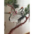 WOW !!!  A BEAUTIFUL VINTAGE  FRAMED CHINESE SILK EMBROIDERY OF RED CROWNED CRANES  WITH CALIGRAPHY