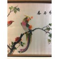 WOW !!!  A BEAUTIFUL VINTAGE  FRAMED CHINESE SILK EMBROIDERY OF INDIGENOUS BIRDS  WITH CALIGRAPHY