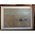 STUNNING FRAMED PAUL BOSMAN PRINT OF A LIONESS HUNTING A WILDEBEEST signed in pencil