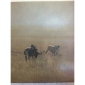 STUNNING FRAMED PAUL BOSMAN PRINT OF A LIONESS HUNTING A WILDEBEEST signed in pencil