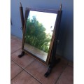 STUNNING ANTIQUE VICTORIAN MAHOGANY INLAID SHAVING MIRROR WITH BRASS FINIALS AND DETAILING