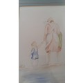WOW!!! Well Known Artist Tracy Owens Framed Sketch and Water color, Mother and child on the beach.