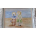 WOW!!! Well Known Artist Tracy Owens Framed Sketch and Water color, Boy and Girl on the beach.