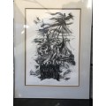 WOW !! A STUNNING LARGE FRAMED AND GLAZED ORIGINAL LITHOGRAPH BY HEIMO SCHMIDT SIGNED IN PENCIL