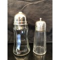 VINTAGE GLASS CASTOR AND SYRUP DISPENSER WITH SILVER PLATED TOPS  - AS A LOT
