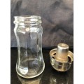 VINTAGE GLASS CASTOR AND SYRUP DISPENSER WITH SILVER PLATED TOPS  - AS A LOT