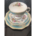 Beautiful Rare Vintage Windsor Blue By Foley. Blue Edge Multifloral Scalloped Footed Cup Tea Trio