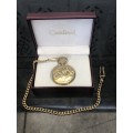 WOW !!!! STUNNING GOLD PLATED CARDINAL QUARTZ POCKET WATCH WITH FOB CHAIN - BOXED