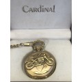 WOW !!!! STUNNING GOLD PLATED CARDINAL QUARTZ POCKET WATCH WITH FOB CHAIN - BOXED