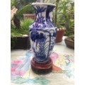 Chinese Ming Style Under Glazed Blue Hand Painted Vase - Butterflies on Rim & Raised Lions on sides