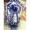 Chinese Ming Style Under Glazed Blue Hand Painted Vase - Butterflies on Rim & Raised Lions on sides