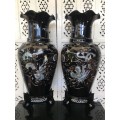 Rare Large Pair Vintage Korean Black Lacquer Enamel Mother of Pearl Inlay Peacock Deco Vases & Stand