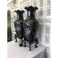 Rare Large Pair Vintage Korean Black Lacquer Enamel Mother of Pearl Inlay Peacock Deco Vases & Stand