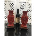Magnificent Set Antique Chinese Cinnabar Square Vases on Rosewood Stand! Flower Design of Longevity.
