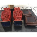 Magnificent Set Antique Chinese Cinnabar Square Vases on Rosewood Stand! Flower Design of Longevity.