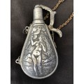 WOW !!! STUNNING VINTAGE PEWTER POWDER FLASK WITH EXCEPTIONAL DETAILS