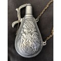WOW !!! STUNNING VINTAGE PEWTER POWDER FLASK WITH EXCEPTIONAL DETAILS