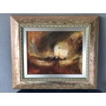 WOW !!! INTRIGUING OIL ON BOARD PAINTING - HEAVY SET GILT FRAME - UNSIGNED
