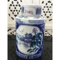 Lovely Decorative Chinese Blue Under Glaze Hand Painted Tea Caddy With Foo Lion Lid Kiln Mark