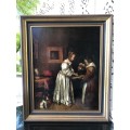 18th/19th CENTURY CONTINENTAL SCHOOL OIL PAINTING ON A WOOD PANEL - LADY WASHING HER HANDS - FRAMED