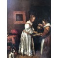 18th/19th CENTURY CONTINENTAL SCHOOL OIL PAINTING ON A WOOD PANEL - LADY WASHING HER HANDS - FRAMED