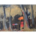 ANTHONY STRICKLAND (SA 1920 - 2000) - STUNNING OIL AND PASTEL ON CANVAS - LADIES WITH UMBRELLA'S