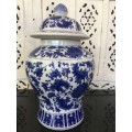 Beautiful Large Vintage Chinese Seal Marked Blue & White U/G Hand Painted Temple Vase