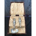 GORGEOUS BOXED SET OF BABY FEEDING SPOON AND PUSHER MARKED BCM / PRIAUR EPNS - 1920's