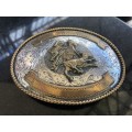 BEAUTIFUL LARGE SILVERPLATED AND BRASS HAND MADE AND ENGRAVED WESTERN BELT BUCKLE