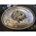 BEAUTIFUL LARGE SILVERPLATED AND BRASS HAND MADE AND ENGRAVED WESTERN BELT BUCKLE