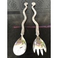 WOW !!! VINTAGE CARROL BOYES PEWTER SALAD SERVERS - SPOTTED WAVE PATTERN - CLEARLY MARKED