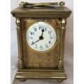BRASS FRENCH CARRIAGE CLOCK WITH A BEAUTIFUL ENGRAVED FACE- SELLING AS IS - NO KEY AND NOT WORKING