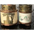 Vintage Oriental Ivorine/Animal Bone & Brass Miniature Oil Burning Lamps with Writings and Temple